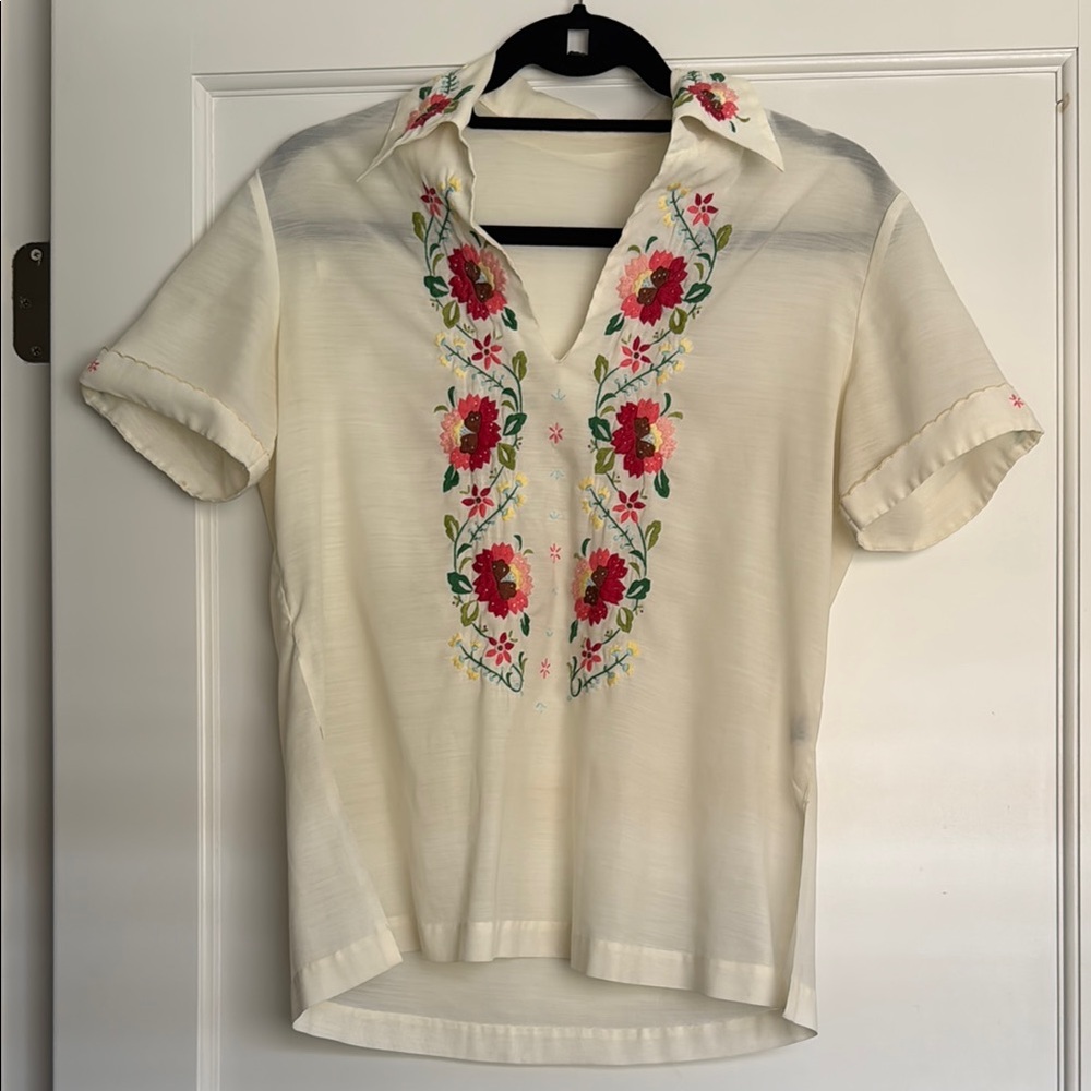 Vintage Embroidered Cream Floral Women's Top